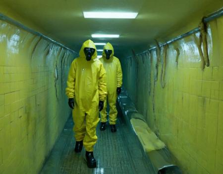 two humans meets strange horror creature, humans wearing yellow hazmat suit and gazmask pictured in weirdcore aesthetic style, huge liminal space underground with (slides:2) and flooded and tiles on the walls, weird, distorted <lora:weirdcore_v3-000002:1>