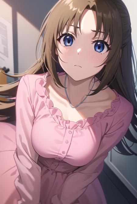 ringosugisaki, <lora:ringo sugisaki s2-lora-nochekaiser:1>,
ringo sugisaki, long hair, blue eyes, brown hair, half updo, (parted bangs:1.5),
BREAK long sleeves, dress, bow, bowtie, frills, skirt, (pink dress:1.3), white skirt, collarbone,
BREAK indoors, classroom,
BREAK looking at viewer, (cowboy shot:1.5),
BREAK <lyco:GoodHands-beta2:1>, (masterpiece:1.2), best quality, high resolution, unity 8k wallpaper, (illustration:0.8), (beautiful detailed eyes:1.6), extremely detailed face, perfect lighting, extremely detailed CG, (perfect hands, perfect anatomy),