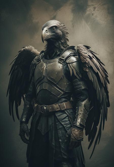 a vulture-man in iron armour, black large wings, studio background, high-contrast palette, subtle grain, cinematic quality, modern art photograph, looking at viewer