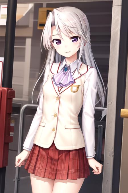 Mochizuki Maho long hair,grey hair,sidelocks,bangs,purple eyes jewelry,brooch,ascot,blazer,light pink jacket,wing collar,yellow sweater vest,red bowtie,plaid bowtie,white shirt,collared shirt,long sleeves,medium breasts,miniskirt,red skirt,pleated skirt,plaid skirt,black socks,loafers