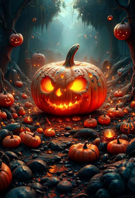 This image is a highly detailed, digital illustration with a Halloween theme. The central focus is a large, weathered pumpkin with a menacing, carved face. The pumpkin's skin is cracked and peeling, revealing its inner flesh. Its eyes are two small, glowing orange circles, and its mouth is a jagged, sharp triangle filled with an eerie, glowing orange light. The pumpkin sits on a dark, rocky ground littered with smaller pumpkins and glowing orange candles, casting a warm, flickering light.
In the background, a haunted, Gothic castle with turrets and pointed roofs stands under a dark, cloudy night sky. The castle is partially obscured by dense, swirling fog, adding to the eerie atmosphere. The sky is a deep blue, with a large, bright full moon casting a silvery glow. Several bats are flying in the air, adding to the spooky ambiance.
The overall color palette is dominated by deep blues, blacks, and oranges, with highlights of glowing yellow and red. The textures are highly detailed, from the rough, cracked skin of the pumpkin to the smooth, rounded surfaces of the pumpkins and candles. The image exudes a sense of mystery and suspense, perfect for a Halloween setting.,<lora:aidmaMJ6.1_v0.3:0.6>, aidmaMJ6.1, <lora:aidmaFLUXpro1.1:0.5>, aidmafluxpro1.1, <lora:MysticFantasy:1>, ultra quality, ultra detailed, intricate details, 8k