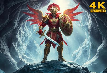 The image depicts a powerful Conduction Warrior Linear Magnum ±, radiating strength and ready for battle. Wearing vibrant red and gold armor with intricate designs, the warrior stands on a cave, holding a gleaming sword and protective shield. Their stance, with one foot forward, suggests readiness. The Frozen Ice Cave background highlights the armor's striking colors. The 4K image boasts exceptional quality, lifelike details, sharp lines, harmonious colors, and a dynamic action pose, making it a captivating and trending piece on Artstation HD, 4K, and 8K platforms.