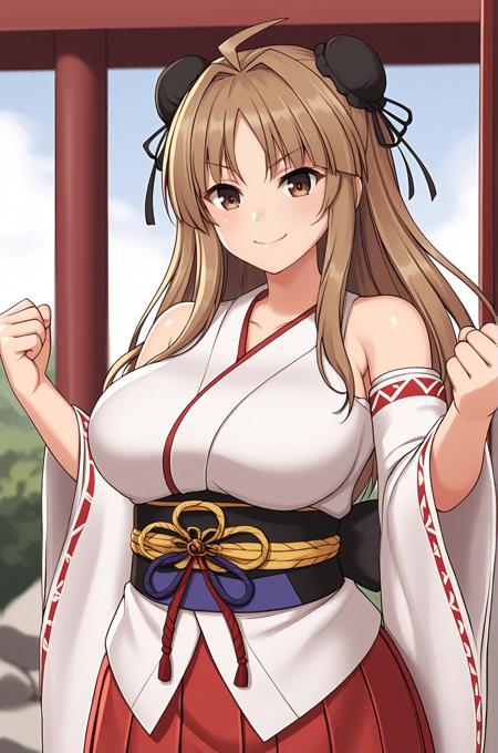 Renka_XL, brown eyes, long brown hair, ahoge, double bun, bun cover, hair ribbon, large breasts Renka_Shinobi, chinese clothes, yellow ribbon, crop top, detached sleeves, white cape, miniskirt, white legwear, legwear ribbon, brown boots, boots ribbon Renka_Shrine, shrine clothes, japanese clothes, miko clothes, white kimono up, bare shoulders, long sleeves, wide sleeves, obi, sash, hakama skirt, red skirt, red boots Renka_Swim, brown bikini, brown bra, brown panties