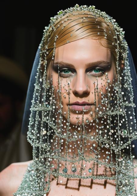 RAW photo, subject, 8k uhd, dslr, high quality, film grain, Fujifilm XT3, professional photo, (detailed skin:1.3), high quality, <lora:Beaded_Veil:0.8> , beaded veil, wearing beaded veil, hard shadows, detailed veil, gems, dramatic makeup, detailed shading, dramatic light, ((cowboy shot)), pale skin, green velvet dress, blonde hair,
