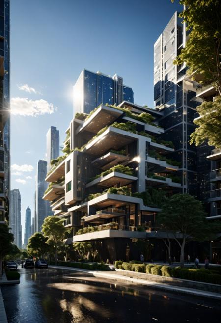 (((Modern style architecture, housing, luxury residence))),
outdoors, sky, tree, blue sky, no humans, ground vehicle, building, scenery, reflection, city, cityscape, bare tree, skyscraper, real world location,
(Large Files, Ultra Realistic, 8K, 16k, FHD, HD, VFX, Perfect, Photography, composition, Architecture Sales Photography, Architecture Competition, Ultra High Resolution, Cinematography, High Resolution Image:1.1), (dramatic lighting, direct sunlight, ray tracing, clear shadow:1.2), (real landscape:1.1), (blurred background:1.0), (urban background, more_details)  
(avant-garde, future, reality, science fiction, photorealistic), (modern architecture:1.2), White limestone with black granite, fountain, waterfall, landmark, square, path, narrow street,
(Large Files, Ultra Realistic, 8K, 16k, FHD, HD, VFX, Perfect, Photography, composition, Architecture Sales Photography, Architecture Competition, Ultra High Resolution, Cinematography, High Resolution Image:1.1), (dramatic lighting, direct sunlight, ray tracing, clear shadow:1.2),  (real landscape:1.1), (blurred background:1.0), (urban background, more_details) ,
great lighting, extremely detailed, clear, SteamPunk, futuresurban