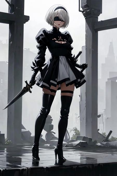 2B, 1girl, solo, short hair, thighhighs, gloves, long sleeves, dress, holding, cleavage, medium breasts, standing, full body, white hair, hairband, boots, puffy sleeves, sword, black thighhighs, black footwear, holding weapon, mole, black dress, high heels, leotard, clothing cutout, thigh boots, cleavage cutout, black hairband, juliet sleeves, mole under mouth, facing viewer, high heel boots, blindfold, covered eyes, black blindfold, feather-trimmed sleeves, masterpiece, <lora:2B:1>