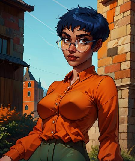 Taranee,short blue  hair,hair lock,glasses,brown eyes,
orange shirt,long sleeves,pants,
solo,outdoors,standing,
(insanely detailed, beautiful detailed face, masterpiece, best quality),<lora:TaraneeCook-10N2:0.8>,