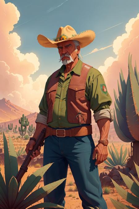 flat illustration, old man farmer agave field (SouthOfTheBorderSD15:1.0)
(masterpiece:1.1) (best quality) (detailed) (intricate) (8k) (HDR) (wallpaper) (cinematic lighting) (sharp focus) <lora:flatIllustration_flatIllustration:1>