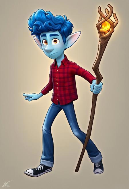 Red Plaid Shirt, Jeans, sneakers Grey Hoodie, Jeans, Sneakers Shirt Open, White T-Shirt Magic Staff, Holding Staff Ian Lightfoot, Blue Skin, Blue Hair, Amber Eyes, Pointy Ears