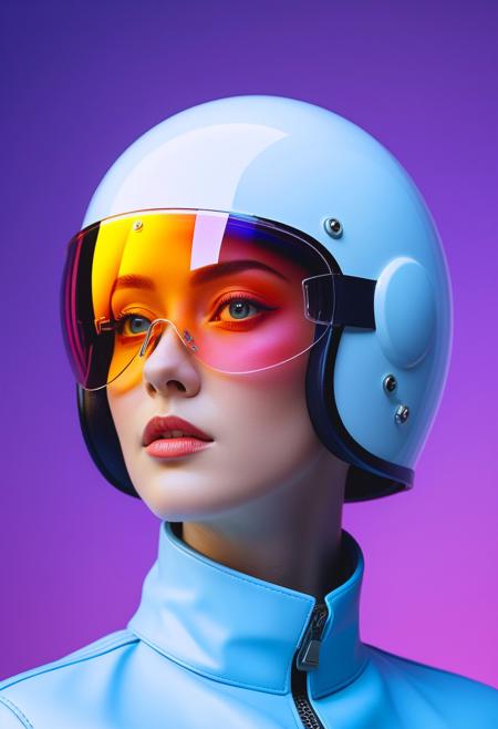 an upper body portrait by (Anna Dittmann:0.8) and (Eiko Ojala:1.3) and (Hayv Kahraman:0.7), 3/4 perspective view, a blonde woman wearing a sleek design protective motorbike helmet designed by Dieter Rams featuring a big integrated curved violet-tinted face-protective visor, her skin is flawless and radiant with a subtle texture and natural beauty marks and her eyes peering through the visor are clear and sharp, composition is asymmetrical and dynamic, intricate details, masterpiece, best quality, Vaporwave style, retro aesthetic, cyberpunk, (vibrant neon colors:1.2), vintage 80s and 90s style, highly detailed, futuristic, atom age, neon gradient background, catchlight in the eyes, light reflecting in the irises, <lora:SDXL - Detail Tweaker XL:1>