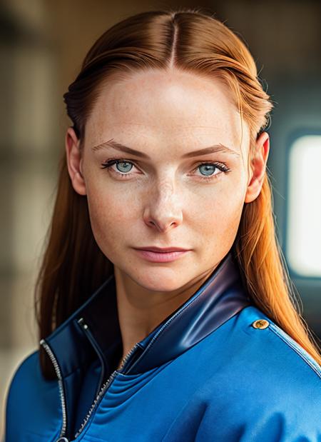 closeup portrait of skswoman, envious , wearing jumpsuit , with auburn Braids , background kitchen epic (photo, studio lighting, hard light, sony a7, 50 mm, matte skin, pores, colors, hyperdetailed, hyperrealistic), <lyco:Rebecca Ferguson:1.2>