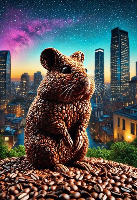 masterpiece, best quality, very aesthetic, absurdres,(score_9, score_8_up, score_7_up), createconcept, addmicrodetails, coffee beans, epic background, nightsky cityscape landscapes with a lot of coffee beans, a (hamster) covered in coffee beans, glowing eyes, vivid eye color, (beautiful eyes:1.2), (gradient iris, crisp iris edges), confident pose, action dynamic pose, lazypos