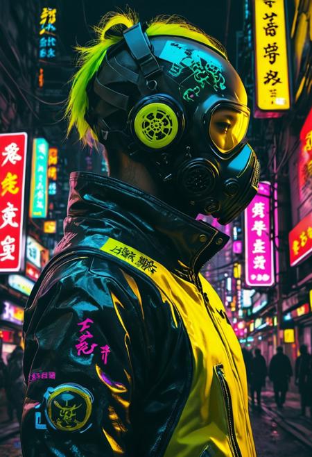 A captivating conceptual painting portrays a cyberpunk character within a futuristic, stark, and visually striking setting. The character, seen in profile, dons a black gas mask with yellow inserts and a black leather jacket with neon green highlights. The background is a bold, toxic yellow, juxtaposed with pink and black accents. Intricate Japanese characters are interwoven into the backdrop, amplifying the futuristic and cyberpunk ambiance. The urban, edgy, and enthralling tone is perfectly encapsulated in this artwork, which serves as a magnificent illustration of the fusion between ukiyo-e and modern cyberpunk styles.