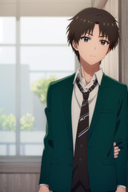 junichiroukubota, <lora:junichirou kubota s1-lora-nochekaiser:1>,
junichirou kubota, short hair, bangs, brown hair, (brown eyes:1.5), male focus,
BREAK shirt, long sleeves, school uniform, jacket, white shirt, open clothes, necktie, collared shirt, pants, open jacket, black pants, blazer, red necktie, (green jacket:1.5), brown pants,
BREAK indoors, classroom,
BREAK looking at viewer, (cowboy shot:1.5),
BREAK <lyco:GoodHands-beta2:1>, (masterpiece:1.2), best quality, high resolution, unity 8k wallpaper, (illustration:0.8), (beautiful detailed eyes:1.6), extremely detailed face, perfect lighting, extremely detailed CG, (perfect hands, perfect anatomy),