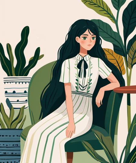 Illustration, women, girl, long hair, dress, sitting,  green hair, white dress,looking away, plant, short sleeves