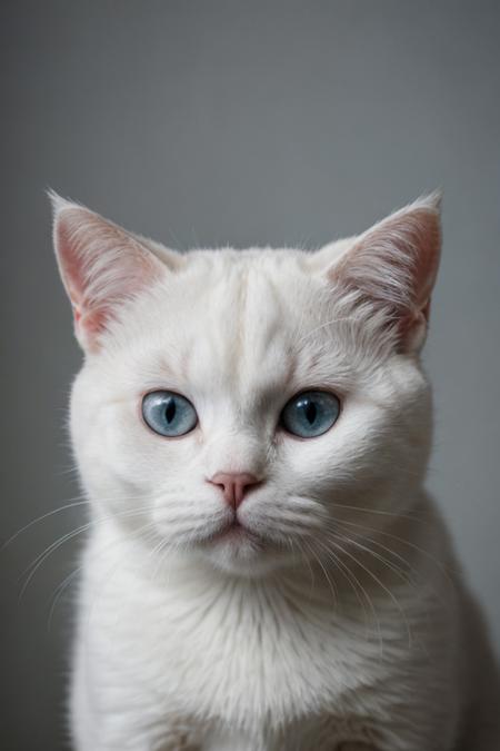 closeup award winning photo of a white british shorthair cat, perfect environment, extremely detailed, dark shot,
