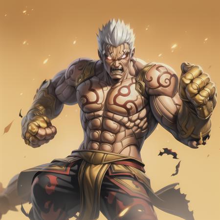 ((masterpiece, best quality)),(complex light),solo,solo focus,1boy,asura, <lora:AsuraWrath1-10:0.6>,white hair, glowing eyes, furious, golden arms, simple background, jumping,punching, destroyed debris background,muscular,  <lora:sxzBlizzardStyleWarcraft_sxzBlizzV2:0.6>