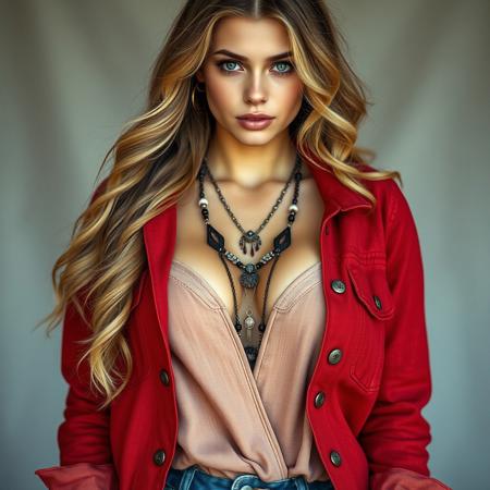 A stunning portrait of a bohemian woman, exuding a captivating aura as she stands with a contemplative expression. Her voluptuous figure is accentuated by a flowing red denim jacket, with a plunging neckline linen top that highlights her delicate freckles. Her long, wavy blonde hair cascades down her back, framing her striking green eyes. A beautiful necklace and an array of boho jewelry adorn her, further emphasizing her unique style and free-spirited nature. The background is a soft blur, allowing the viewer to fully focus on the enchanting subject.