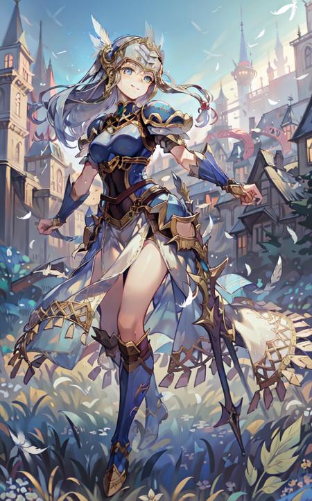 masterpiece, best quality, lenneth, happy, smile, castle in the background, feather falling, intricate details,  full body, ethereal wings, blue eyes,  <lora:Lenneth:1>