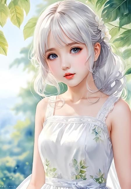 Botanical illustration, masterpiece, best quality, extremely detailed, watercolor, masterpiece, best quality, extremely detailed, 1girl, full body, beautiful detailed eyes, cute anime face, full body, beautiful detailed face, white hair, (Botanical illustration:1.5), white dress