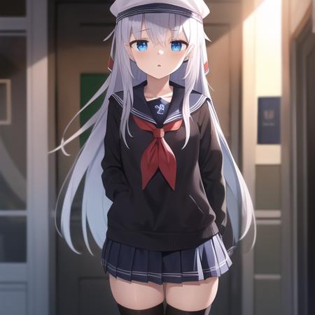 (masterpiece, best quality1.2),illustration,8k,hd,1girls,solo,long_hair,blue_eyes,hair_between_eyes,grey_hair,hat,white_hair,anchor_symbol,black_headwear,black_sailor_collar,black_skirt,flat_cap,long_sleeves,neckerchief,pleated_skirt,red_neckerchief,sailor_collar,school_uniform,skirt,black_thighhighs,<lora:Hibiki>,