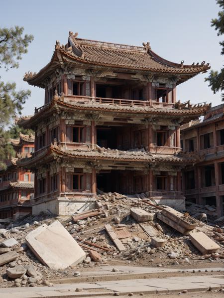 ruinedarchi, ruined building, cnarchi, photo realism, traditional chinese architecture, temple, <lora:ruinedarchi:0.3>, <lora:chinese_architecture_v1:0.6>