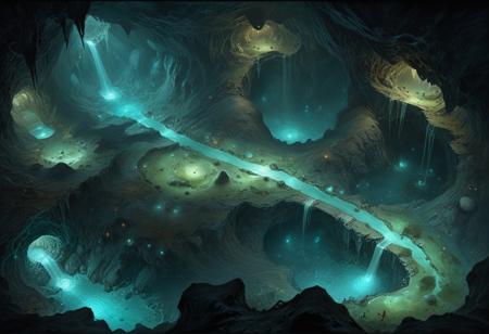 (cavern, RPG combat map, battle map, RPG map from above, highly detailed, highly detailed, dark, oil painting, combat map, high quality, tunnels, phosphorescent mushrooms, caverns, crevices, view from above, aerial view, detailed, from above, (top view: 1.3), long shot, aligned to the edge of the image,