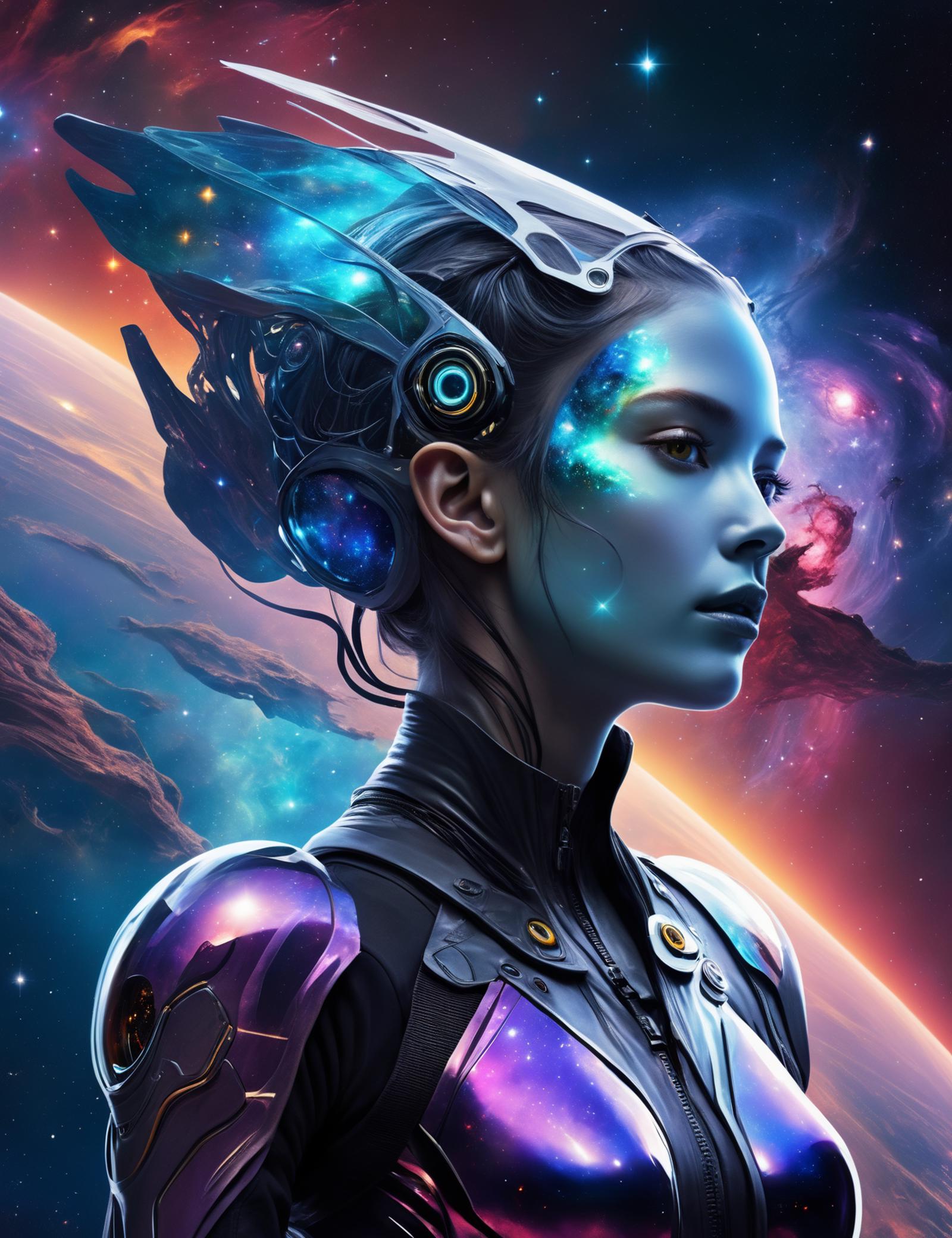 A woman with blue hair and purple armor standing in front of a planet.