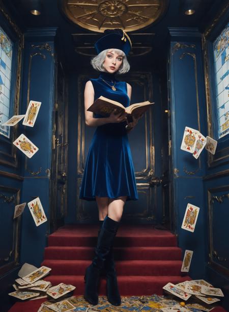 female,short silver_hair,bob cut,(yellow_eyes:1.2),blue sleeveless velvet dress,golden buttons,high collar,(blue velvet knee high boots:1.2),black tights,(small hat:0.8),(fez:1.6),holding an open book,(floating tarot cards:1.3),(cards falling:1.3),floating objects,blue velvet gloves,floating dynamic_pose,confident_expression,in a simple blue elevator,anime style,
elegant,military_inspired,velvet_room,formal_attire,full_body,ethereal,anime_style,