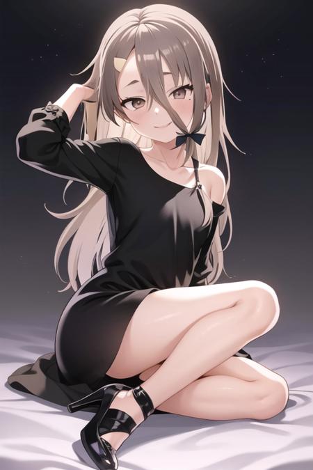 masterpiece, best quality, <lora:mikage_sakurako:0.7> mikage_sakurako, 1girl, solo, brown eyes, brown hair, long hair, hair between eyes, hair ribbon, hairclip, long hair, smile, black dress, tight, puffy sleeves, long sleeves, collarbone, fishnets, high heels,