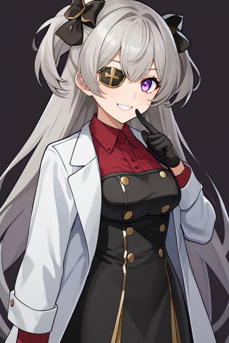 eicy, very long hair, grey hair, purple eye, eyepatch, hair bow, two side up black gloves, white dress, eyepatch, black jacket, hood up, red shirt, two black belt, red pantyhose, black skirt, frilled skirt, short skirt, high heel black boots, thigh strap black gloves, collared shirt, red shirt, black dress, open coat, white coat, coat on shoulders side ponytail, braided ponytail, collarbone, black bikini top, eyepatch, black scrunchie, bare shoulders, bare arms, cross necklace, black choker, frilled short