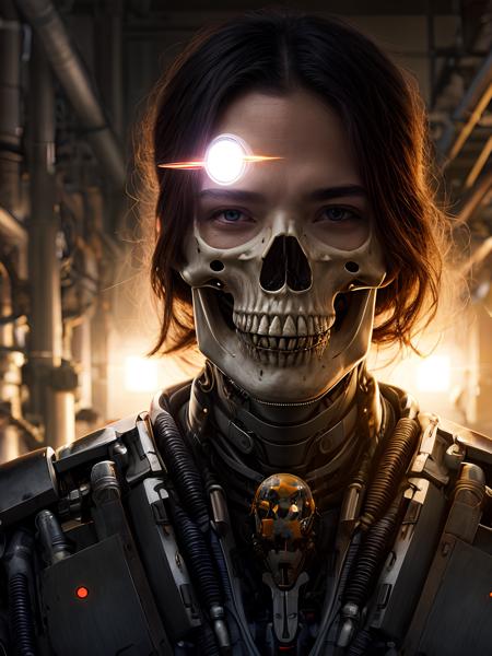 Cyberpunk, sci-fi, dark-fantasy, kodak portrait 400, 8k, soft light, volumetric lighting, highly detailed, britt marling style 3/4, portrait photo of a war man cyborg robot in a chemical laboratory + face, face is skullbone with scares, intricate, elegant, highly detailed, devil-armor, 2D motifs detailed dark fantasy digital painting, artstation, concept art, smooth, sharp focus, illustration, art by Otomo Katsuhiro and ShirÅ Masamune and Oshii Mamoru. Cosmic light in backfront