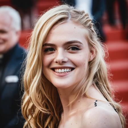 Super high res closeup red carpet event portrait photo skin texture of a woman smiling,long wavy hair,f /2.8, Canon, 85mm,cinematic, high quality, skin texture, looking at the camera,  <lora:elfanning_xl_1_standard-000081:1>