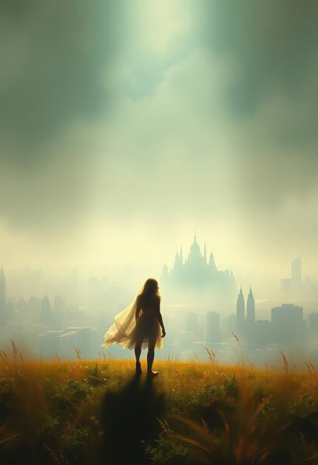 Bathed in ethereal light, a solitary figure stands in a field overlooking a sprawling cityscape. This surreal scene combines elements of fantasy and darkness, evoking an otherworldly sense of wonder. The figure appears delicate, almost ghostly, with a mysterious air hanging around them. The city below is a blend of reality and imagination, its buildings rising like dark spires against the hazy backdrop. This captivating image, whether a painting or photograph, exudes a mesmerizing quality, drawing viewers into its enigmatic narrative.