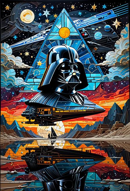 Darth Vader in the Van Gogh style, Star Destroyer in the sky, starry sky, Dan Mumford, Andy Kehoe, 2d, flat, cute, adorable, vintage, art on a cracked paper, patchwork, stained glass, fairytale, storybook detailed illustration, cinematic, ultra highly detailed, tiny details, beautiful details, mystical, luminism, vibrant colors, complex background, fine art, oil painting, best quality <lora:xl_more_art-full_v1:0.3>