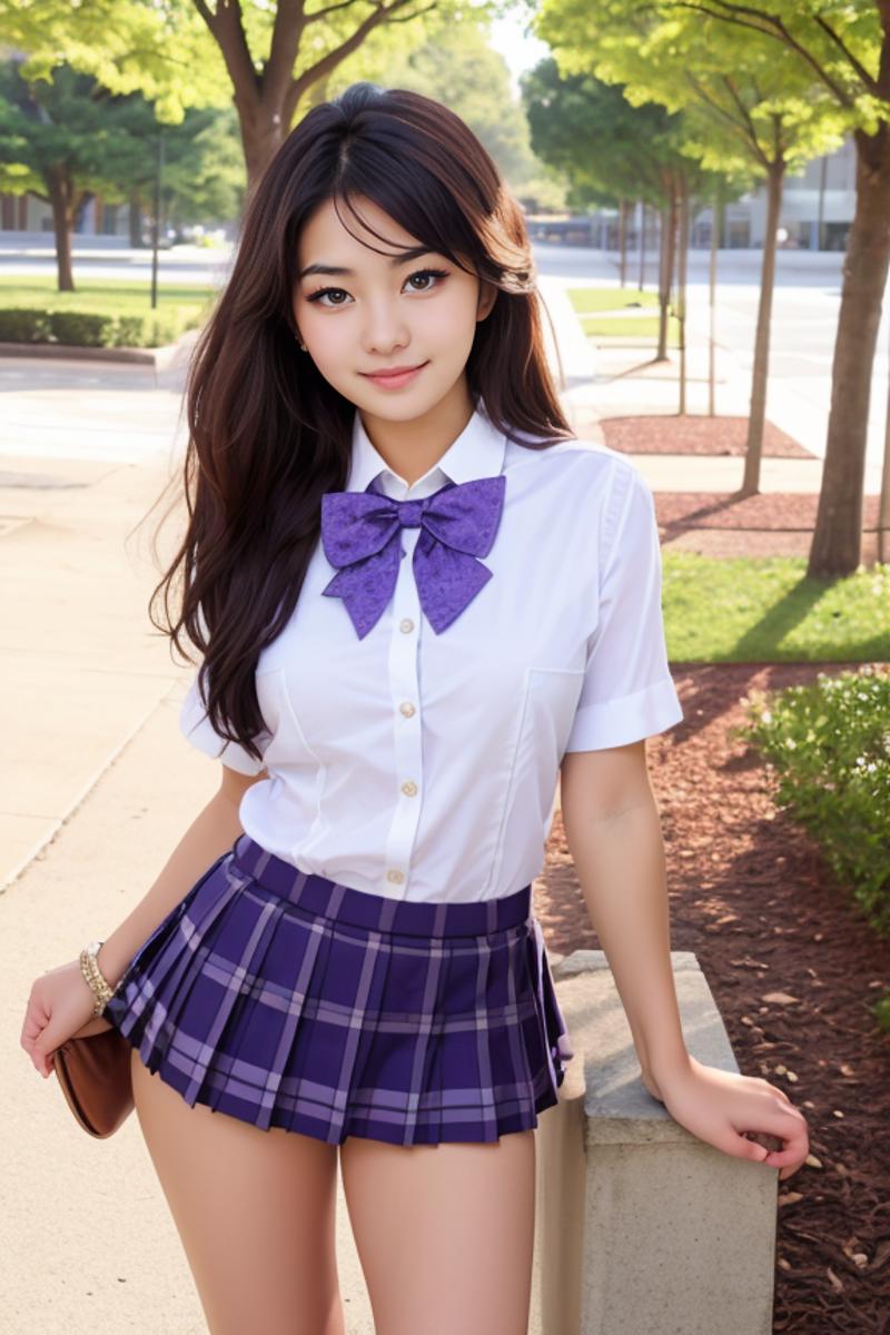 A young woman wearing a white shirt and purple short skirt.