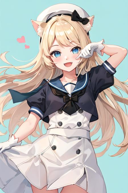 best quality, masterpiece, highres, solo, {jervis_kantaicollection:1.15}, blonde_hair, long_hair, blue_eyes, hat, white_headwear, sailor_hat, smile, open_mouth, 1girl, :d, animal_ears, bangs, black_bow, blue_sailor_collar, blush, bow, cat_ears, dress, fang, gloves, heart, kemonomimi_mode, looking_at_viewer, puffy_short_sleeves, puffy_sleeves, sailor_collar, short_sleeves, white_dress, white_gloves, sailor_dress, beret, black_shirt, shirt, very_long_hair, paw_print