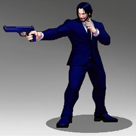 a 2d john wick style fighting game with John Wick (black suit) using gun <lora:sf3-style:0.8> sf3 style, gorgeous graphics, breathtaking visuals, extremely detailed sprites