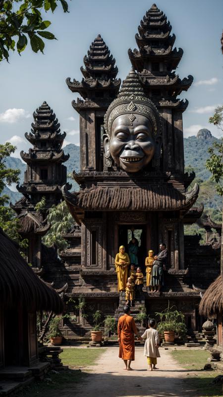 a portrait of mysterious entities, scary grin512,  <lora:XSArchi_127:0.3> fantasy javanese tribal cities, ((majapahit, villages, family:1.3)), (stone, ethnic engraving), neanderthal and homo sapiens war, archipelago, market, orangutan, majestic apartment, tree house, golden cities, wonderful cinematic, futuristic, scifi, magical, <lora:djzMarketplaceV21:0.2> marketplace style, crowd, people, standing, building, pottery, garden, ((perfect quality)), <lora:add_detail:1>