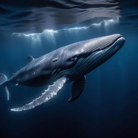 a majestic realistic blue whale swimming in the deep in the dark ocean,
depth of field, cinema photography under the water, professional color
grading, exquisite detail, realistic photography, cinematic lighting,
super resolution, megapixel, global Illumination, unreal engine 5,
wide angle,
