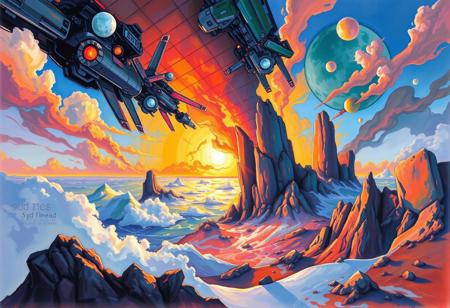 gouache painting about In the unpublished and breathtaking image far beyond the unseeable by syd mead, the essence of the Master's artistry shines through with remarkable clarity. As your eyes wander across the canvas, you'll encounter a harmonious fusion of elements that defy convention and ignite the imagination. It is a visual symphony that stands as a testament to meads boundless creativity. Vibrant and sublime colors dominate the image, bursting forth with a luminosity that captivates the viewer.,
