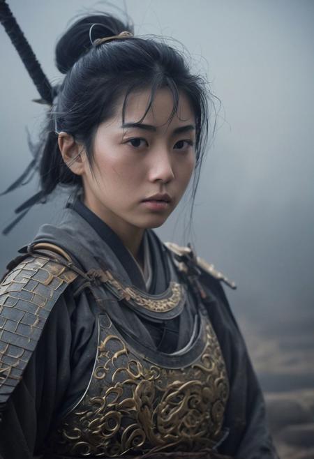 Close Up shot of  Raya from the ancient japanese  tale as a princess warrior, she IS a very beautiful girl, short  black  hair, beautiful, ancient japanese armour, dirt  clothes, wind, at night, fog, mist, interior of an ancient japanese temple at the background, National Geographic photography awarded masterpiece
