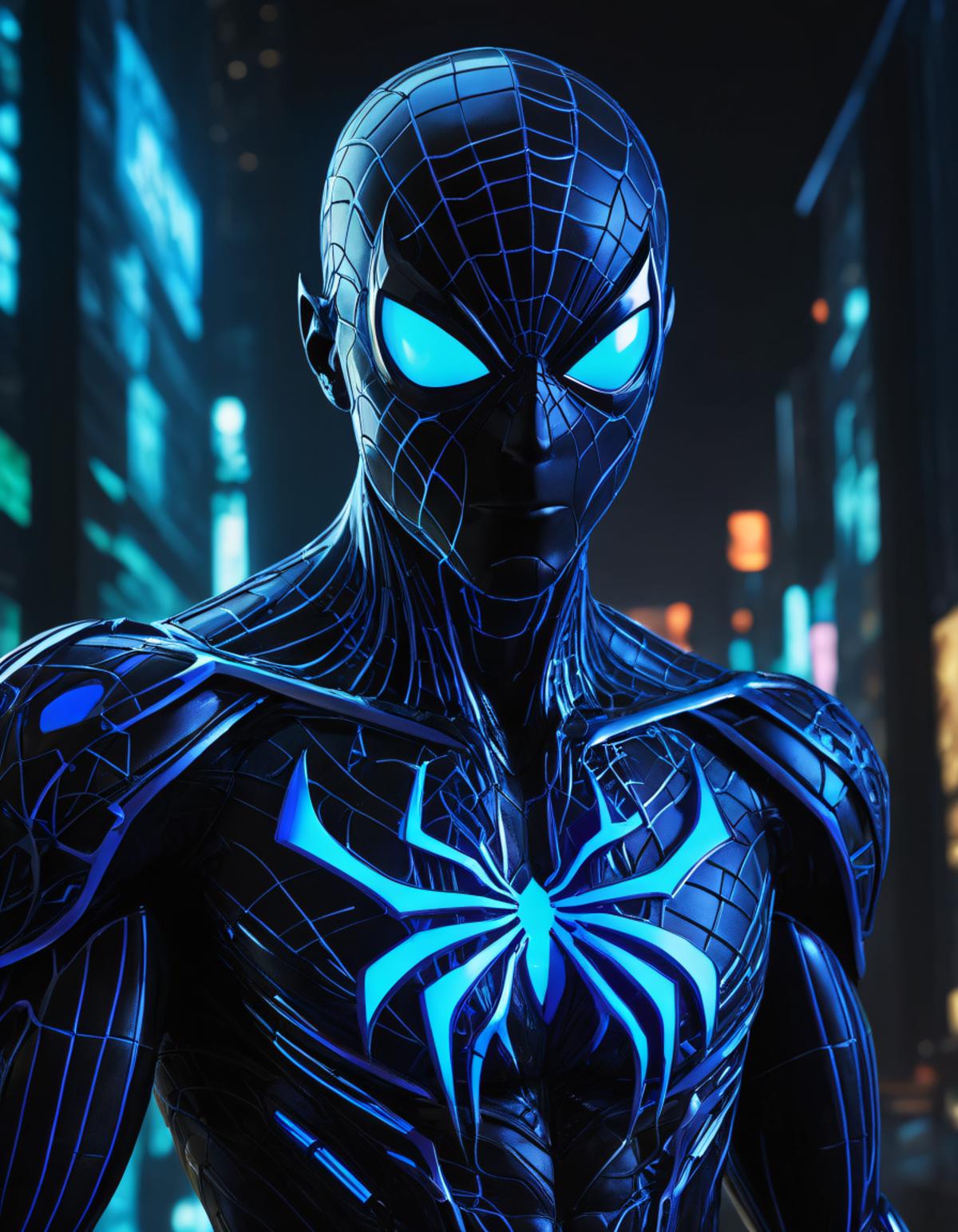 A blue and black Spiderman costume with the spider web on the chest.