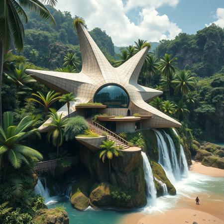 A futuristic concrete woden baboo  modern house on a waterfall in a shape of the star of death from starwars, with exotic luxuriant vegetation around, in a tropical jungle setting, near a beach, photorealistic, a masterpiece, 4K, high details, view from close, wide lenses camera