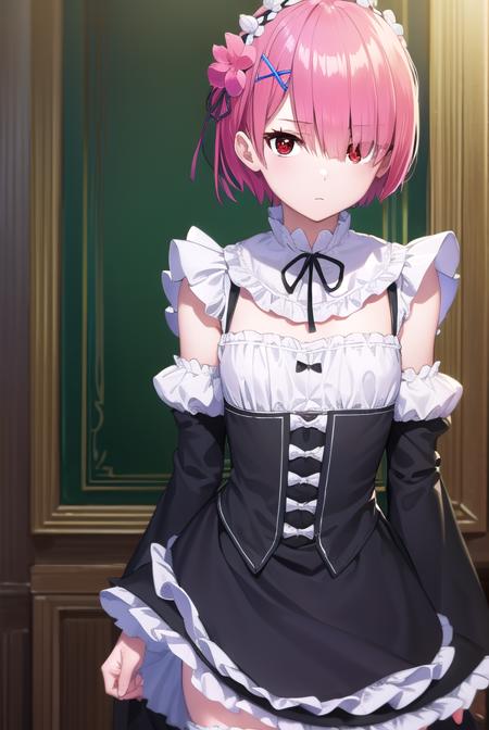 ram, hair flower, hair ornament, hair over one eye, pink hair, (red eyes:1.5), short hair, x hair ornament, bangs, blunt bangs, apron, black bow, black dress, black ribbon, bow, detached sleeves, dress, frilled apron, frilled sleeves, frills, juliet sleeves, long sleeves, maid, neck ribbon, puffy sleeves, ribbon, roswaal mansion maid uniform, thighhighs, two-tone dress, waist apron, white bow, white dress, white thighhighs,