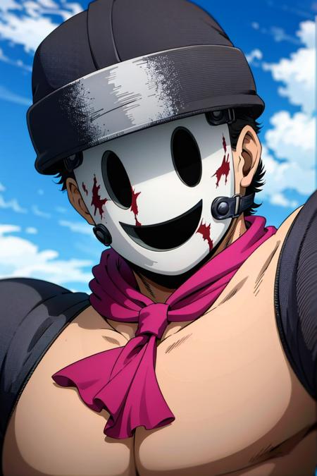 (masterpiece:1.4), (best quality), (detailed), (highres) BREAK
<lora:highrise:0.7>, (highrise_mask:0.5), mask on head, smile, 1boy, blood, male focus, solo, sky, day, upper body, helmet, blue sky, ascot, purple ascot, arm hair