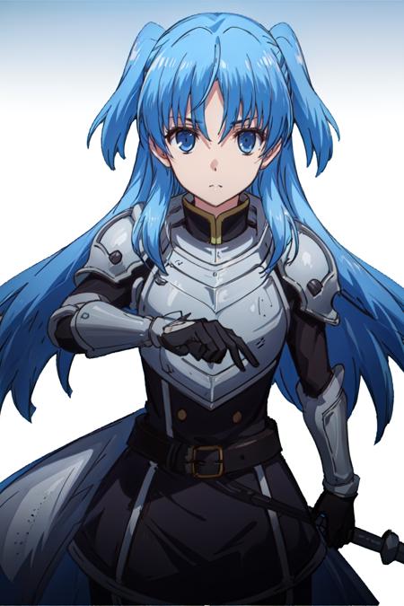 masterpiece,best quality,1girl, solo,blue hair, hair eyes, weapon, sidelocks, belt, sword, (armor), two side up,facing viewer, <lora:ChthollyV3-military:0.6>, white background, simple background, <lora:add_detail:0.5>