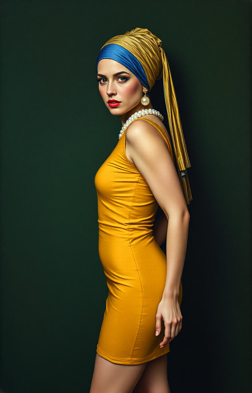 Photorealistic painting in the style of Vermeer. A woman with the appearance of 25-year-old Scarlett Johansson in a blue and gold turban stands against a dark green wall. She wears a form-fitting mustard yellow dress and red high heels. She has a large pearl earring. Her pose is elegant and her gaze is direct. Emphasis on light and shadow, rich textures, and a sense of classical beauty.