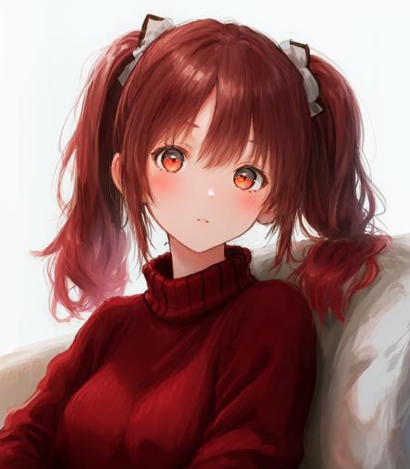 masterpiece, best quality, 1girl, portrait, sitting, swept bangs, short hair, twintails, red hair, sweater, fluffy, white background, simple background,  , <lora:kinugami:1.0>