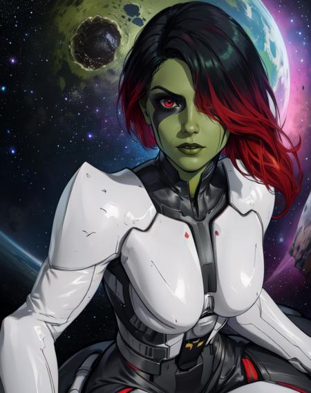 Gamora,green skin,multicolored hair,red eyes,hair over one eye,serious,
black and white bodysuit,armor,white white gloves, looking at viewer, 
sitting, upper body,hips,
alien planet,
(insanely detailed, beautiful detailed face,beautiful detailed eyes, masterpiece, best quality),
<lora:Gamora-10v6:0.7>,